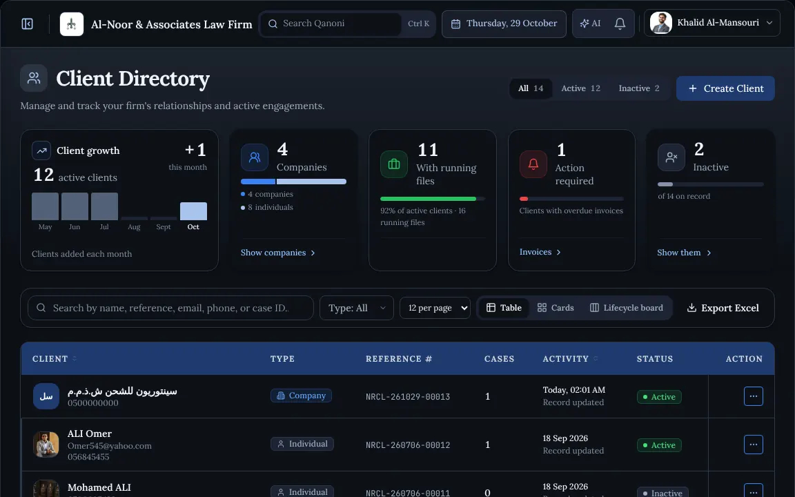 The same client directory screen in Arabic and in English (In English)