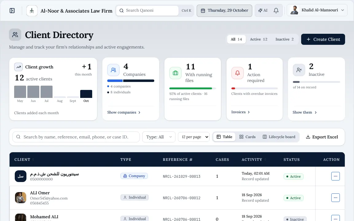 The same client directory screen in Arabic and in English (In English)